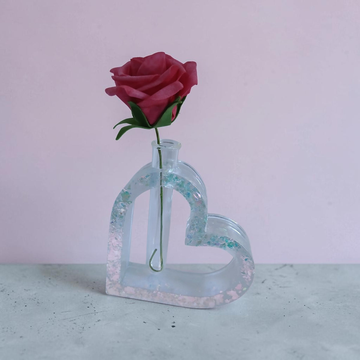 Handmade Iridescent Resin Heart Bud Vase with removable Tube